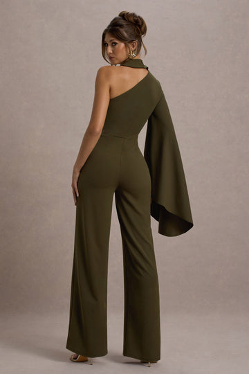 Fenix Khaki Asymmetric Cape-Sleeve Straight-Leg Jumpsuit